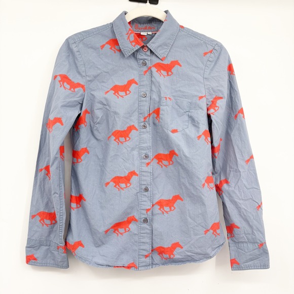 Boden Tops - Boden Womens Blue Red Horse Print Preppy Western Rodeo Button Down Shirt Size 4